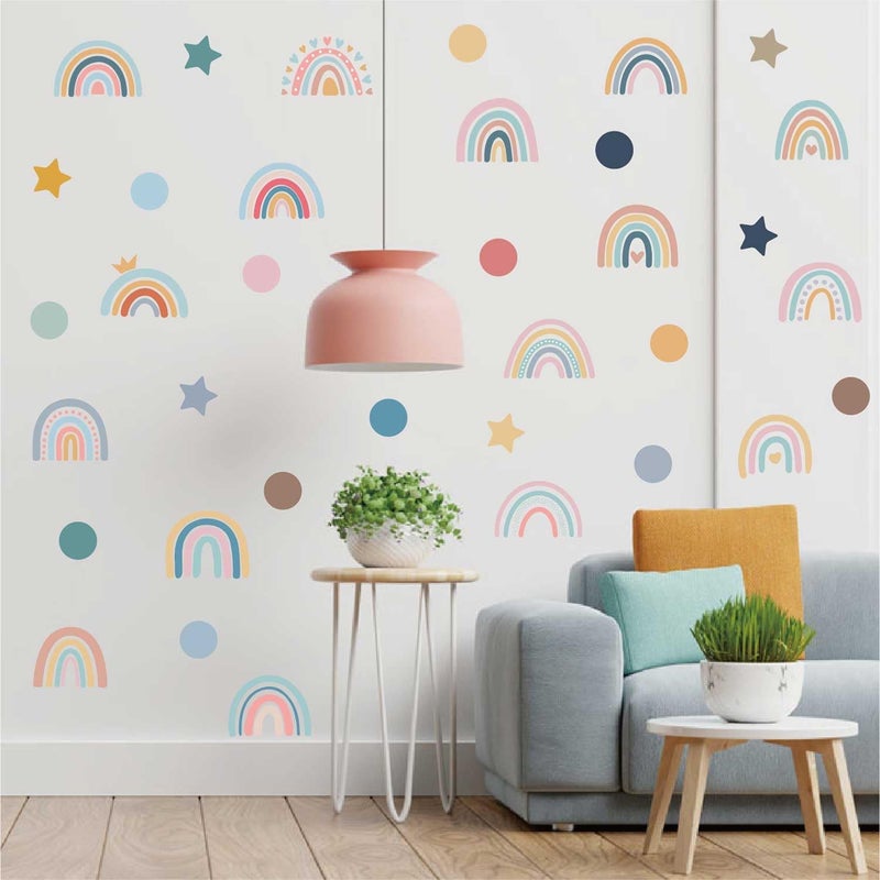 CharmFlo Rainbow Wall Decals for Children Room - 4 Sheets 76Pcs Boho Star & Dots Wall Stickers | Peel and Stick Nursery Decor, Playroom, Classroom | Removable Waterproof Wall Art - Image 1